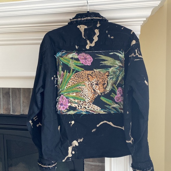 Jackets & Blazers - Upcycled Jean Shacket with Embroidered and Beaded Leopard and Foliage in Sz L